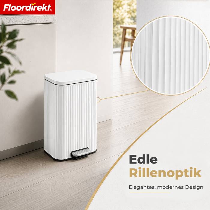 FLOORDIREKT Mülleimer Miles - Stilvoller Tretmülleimer mit Soft-Close-Funktion - Weiß - 12 Liter
