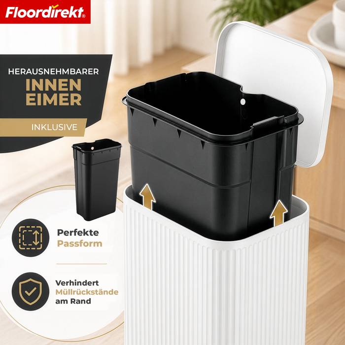 FLOORDIREKT Mülleimer Miles - Stilvoller Tretmülleimer mit Soft-Close-Funktion - Weiß - 30 Liter