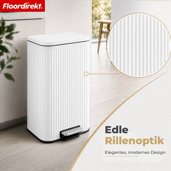 FLOORDIREKT Mülleimer Miles - Stilvoller Tretmülleimer mit Soft-Close-Funktion - Weiß - 30 Liter