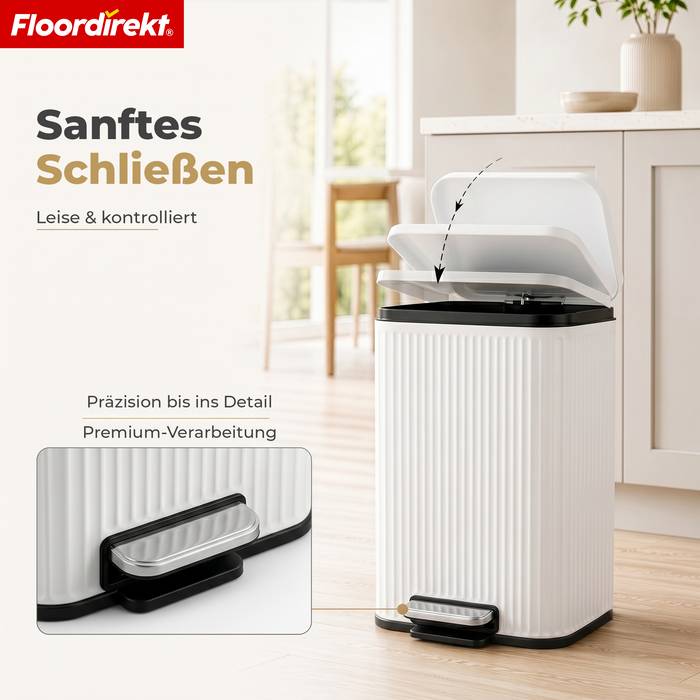 FLOORDIREKT Mülleimer Miles - Stilvoller Tretmülleimer mit Soft-Close-Funktion - Weiß - 30 Liter