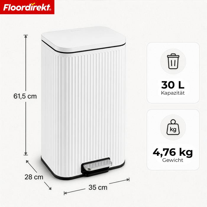 FLOORDIREKT Mülleimer Miles - Stilvoller Tretmülleimer mit Soft-Close-Funktion - Weiß - 30 Liter