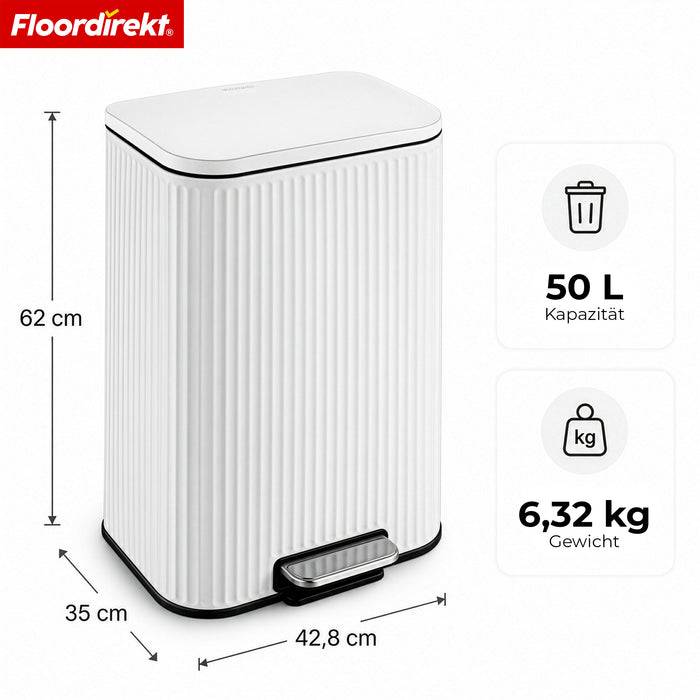 FLOORDIREKT Mülleimer Miles - Stilvoller Tretmülleimer mit Soft-Close-Funktion - Weiß - 50 Liter