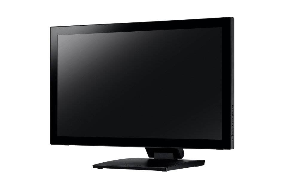 Schwarzes Flachbildfernseh-Monitor auf einem Ständer, vor weißem Hintergrund gezeigt.