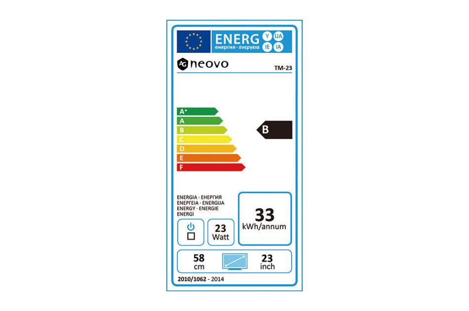 Energieeffizienzlabel für ein AG Neovo TM-23 Display, das Klasse B, 33 kWh/Jahr, 23 Watt und Bildschirmgröße 23 Zoll anzeigt.