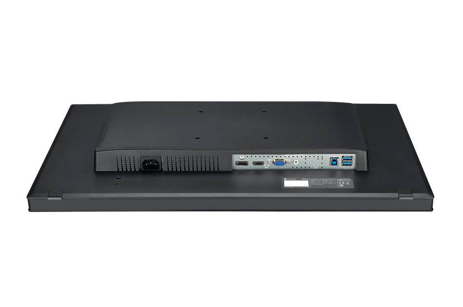 Rückansicht eines Flachbildschirms mit seinen integrierten Computeranschlüssen, darunter Stromversorgung, VGA und USB-Verbindungen.