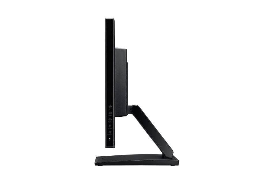 Seitenansicht eines schwarzen All-in-One-Desktop-Computers auf einem Ständer vor weißem Hintergrund.