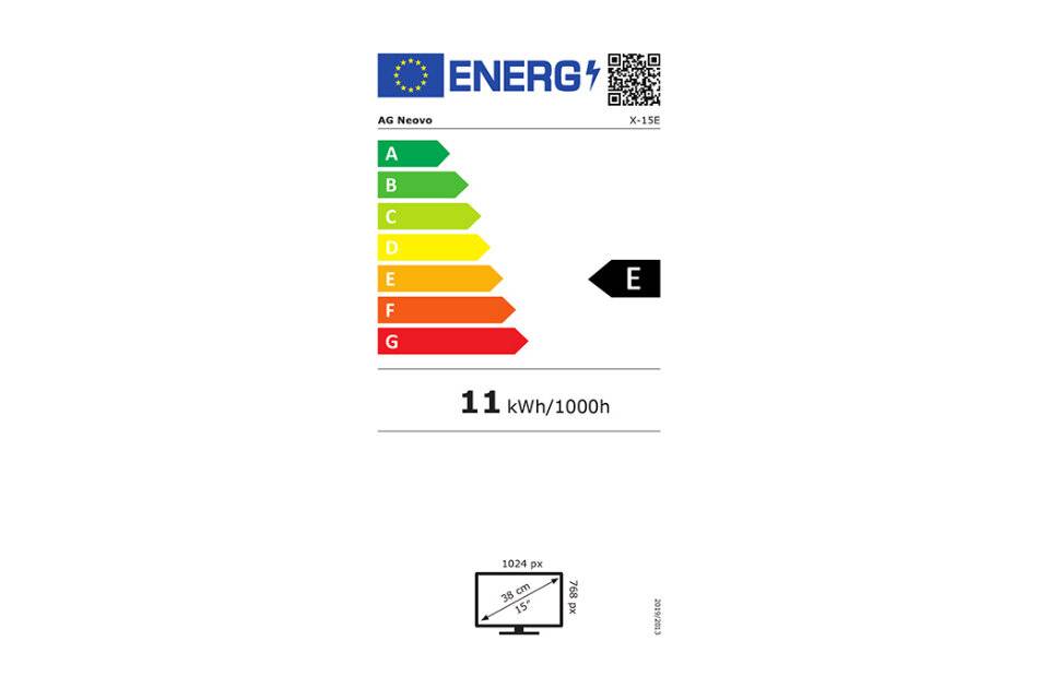Energieetikett der Europäischen Union für einen Fernseher/Monitor, Klasse E, zeigt 11 kWh/1000h und eine Energieskala von A bis G.