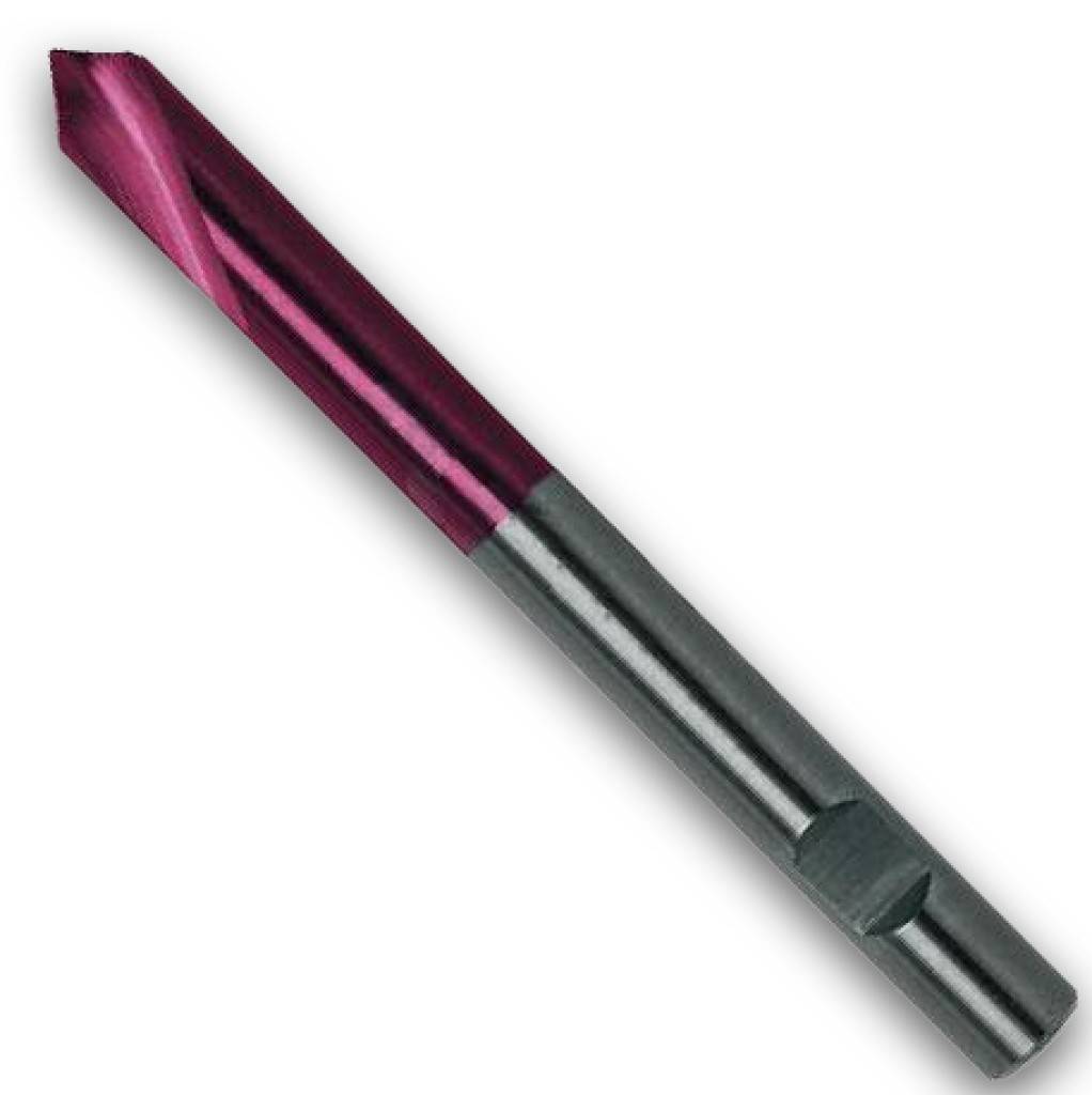 Nahaufnahme eines kegeligen Schaftfräsers mit violett beschichteter Spitze und dunkelmetallischem Schaft auf weißem Hintergrund.