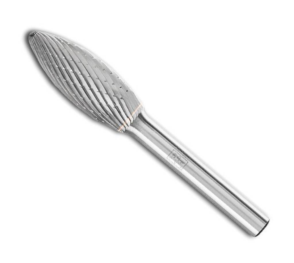 Kegelförmiger Schleifstift aus Metall mit langem zylindrischem Schaft, dargestellt auf weißem Hintergrund.
