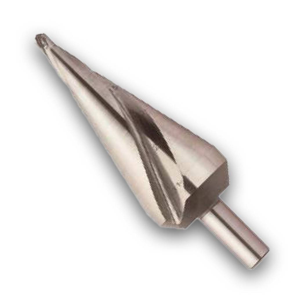 Metallisches Senkkopfbohrbit mit konischem Schneidkopf und Sechskantschaft auf einfachem Hintergrund.