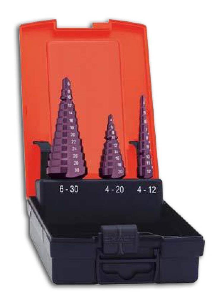 Universal-Stufenbohrer-SatzAusführungLieferung in robuster, qualitativ hochwertiger Kunststoffkassette mit automatischer Aufrichtfunktion der Bohrer