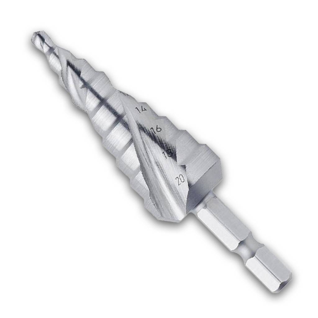 Stufenbohrer-Bit 1/4"AusführungHSS, spiralgenutet. Für den Einsatz in Handbohrmaschinen geeignet.Anwendung Für gratfreies Bohren von Blechen, Ro