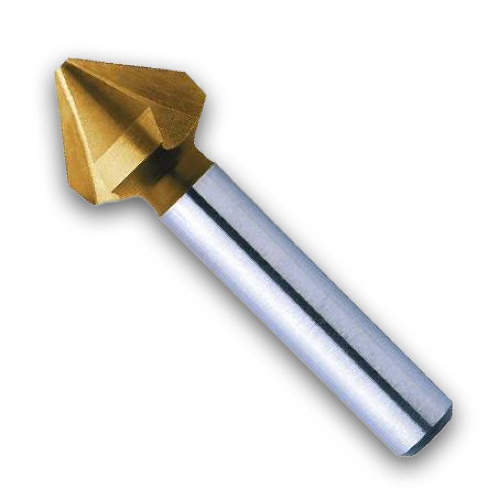 Goldfarbener Versenkbohrer mit silbernem Metallschaft auf weißem Hintergrund.