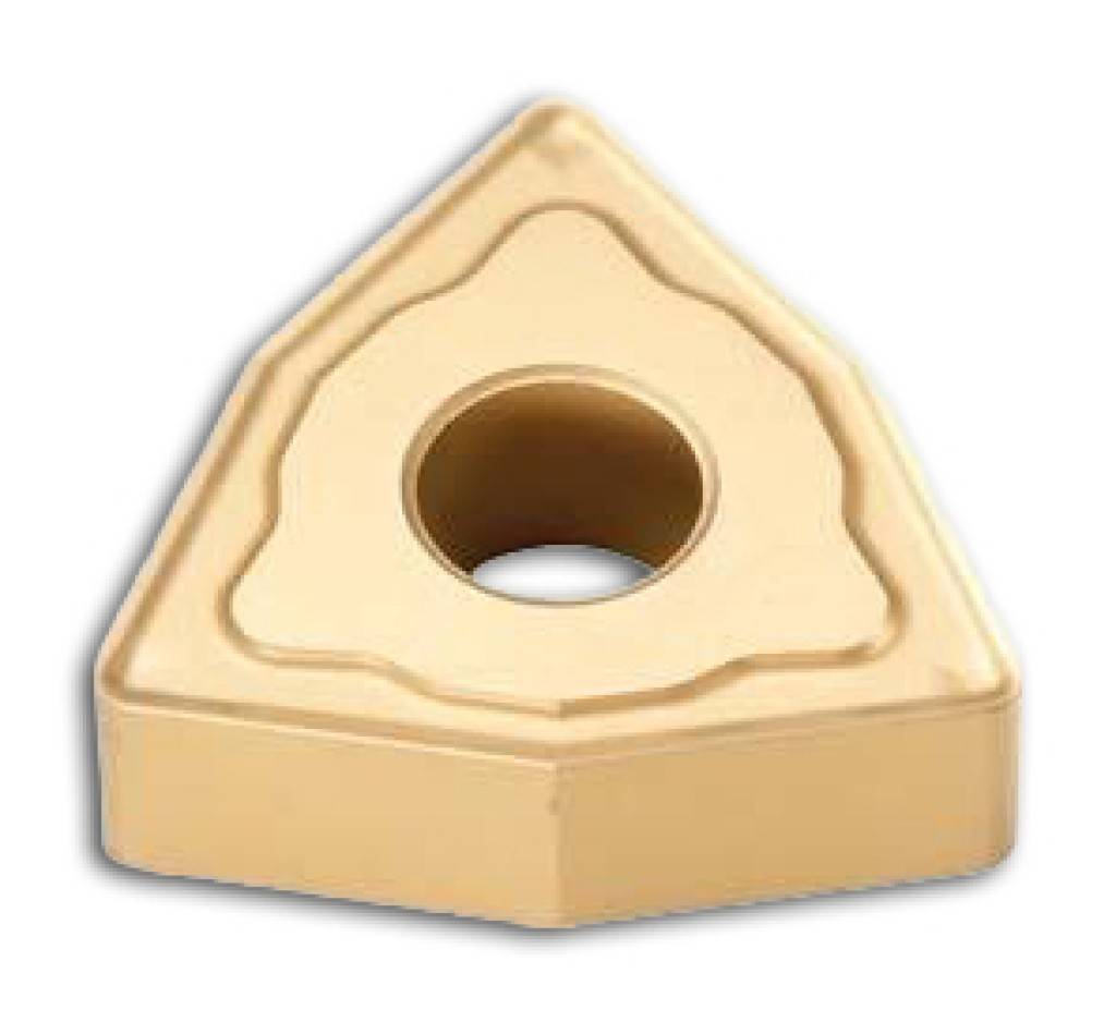 Goldenes dreieckiges Hartmetall-Schneidplättchen mit mittlerem Loch auf weißem Hintergrund.