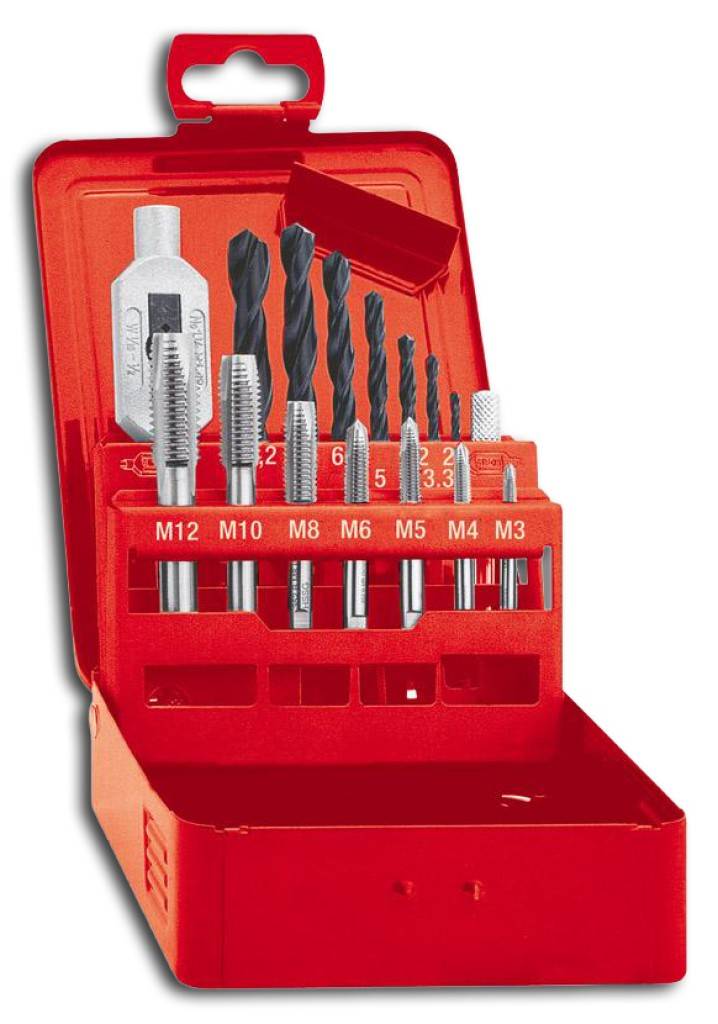 Gewindeschneidwerkzeug-Satz M 3-M 12 in MetallkassetteSatz bestehend aus SAPB2402269, SAP2402283, SAP2402303.Satzinhalt7 Stück Gewindebohrersätze 3-