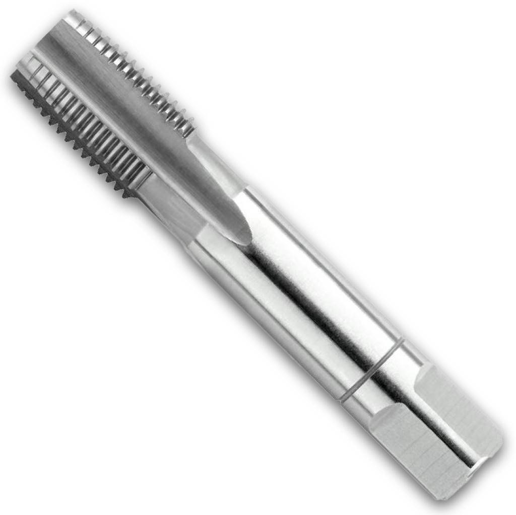 Ein Metallfasen-Spiralbohrer mit Rillen und Gewinde-Schneidkanten, dargestellt auf weißem Hintergrund.