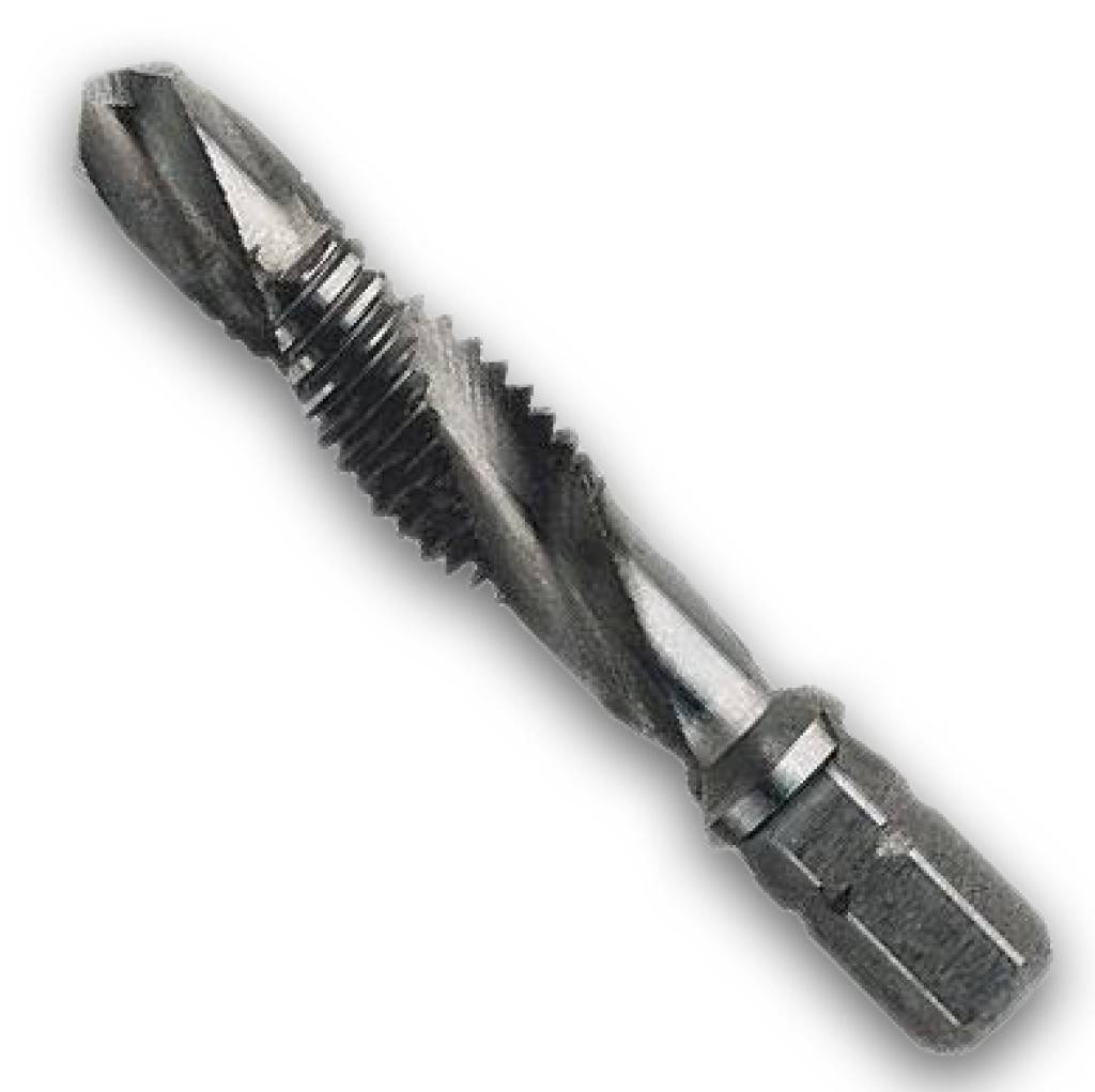 Kombi-Bit 1/4"AusführungHSS, Oberfläche blank.AnwendungZum Kernlochbohren, Gewindeschneiden und Entgraten in einem Arbeitsgang, für metrische ISO-R