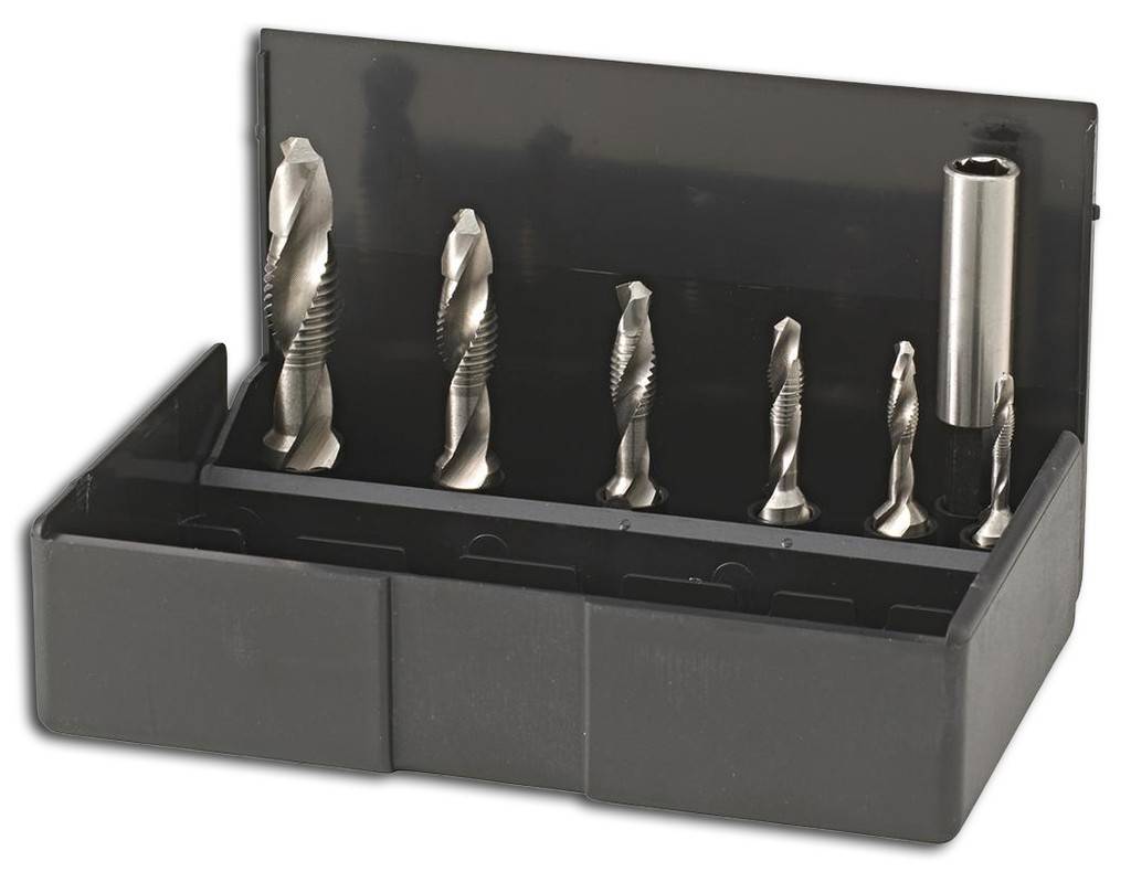 Kombi-Bit-Satz 1/4"AusführungHSS, Oberfläche blank. Lieferung in Kunststoffbox.AnwendungZum Kernlochbohren, Gewindeschneiden und Entgraten in einem