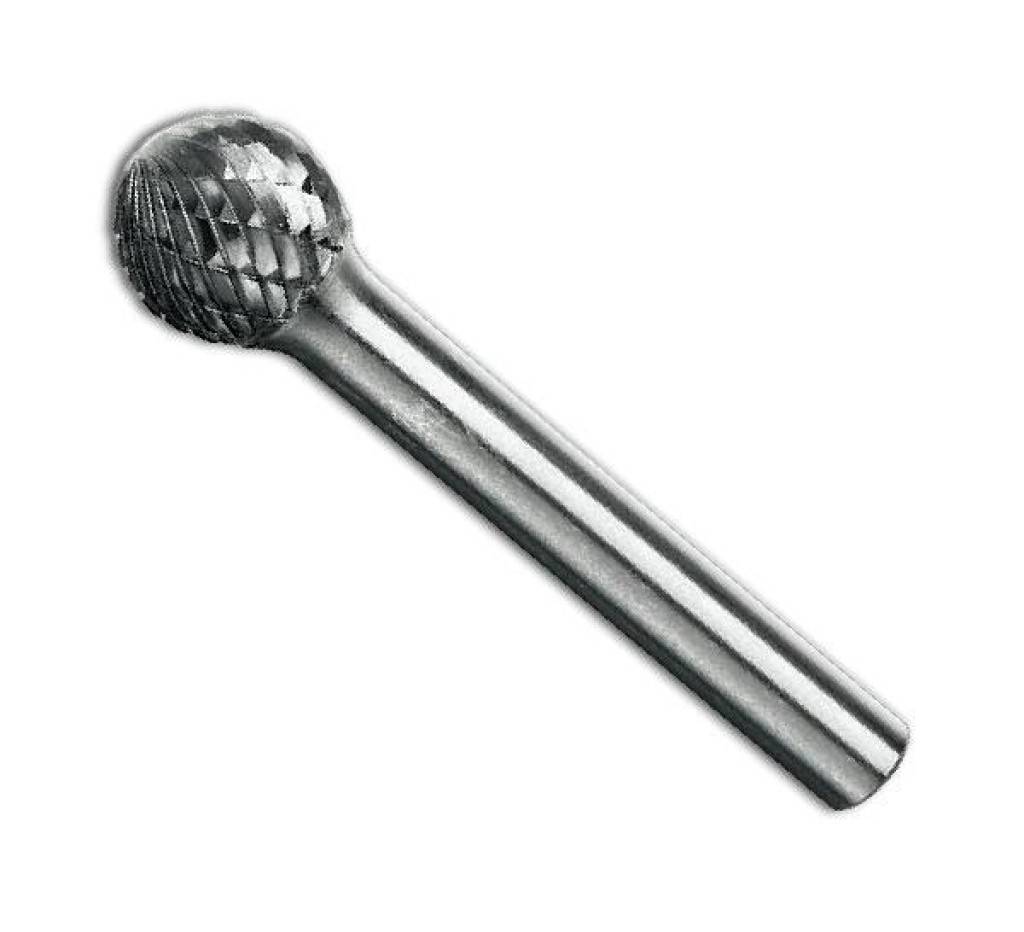 Metallierter Rotationsfräser mit abgerundeter, strukturierter Schneidkopf und geradem Schaft, dargestellt auf einfachem weißem Hintergrund.