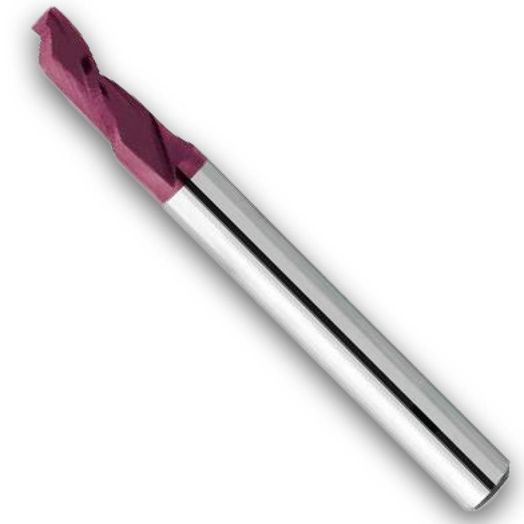 Hartmetall-Bohrer mit magenta-farbiger Spitze und silbernem Schaft, diagonal auf weißem Hintergrund dargestellt.