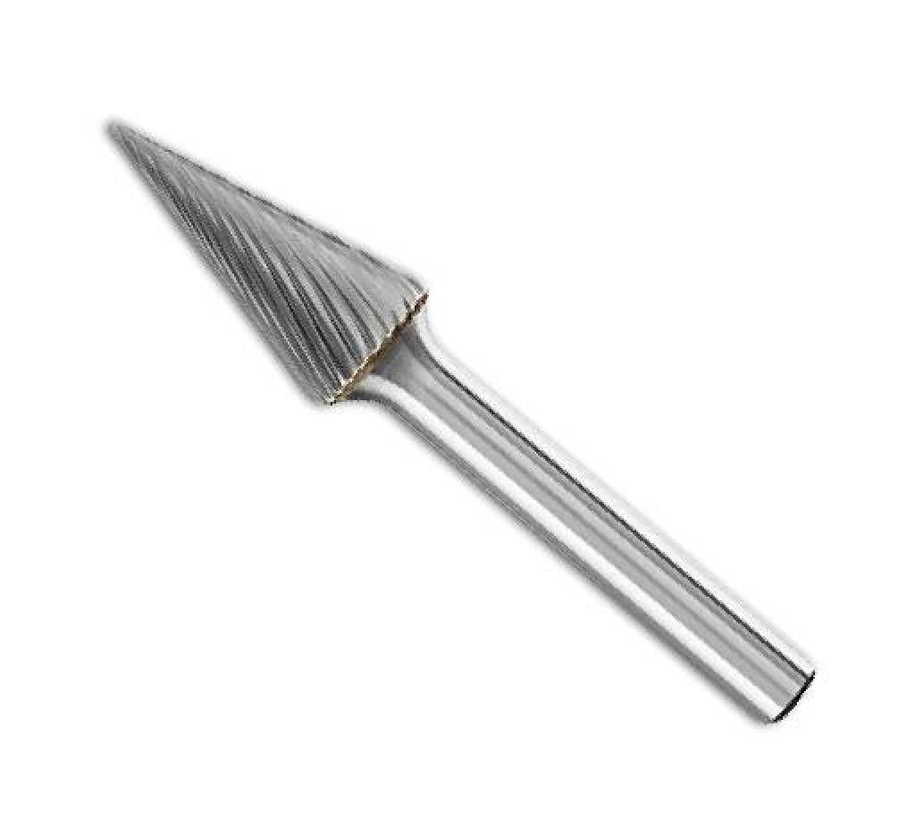 Metallisches rotierendes Schleifstift-Werkzeug mit kegelförmigem spitzem Schneidkopf und zylindrischem Schaft auf weißem Hintergrund