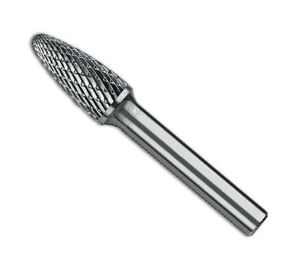 Ein Metall-Fräser mit spitzem, abgerundetem Kegekopf und glattem Schaft, verwendet zum Schleifen oder Gravieren.