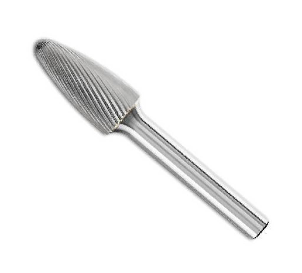 Ein silbernes Metallrechen- oder Schnitzwerkzeug mit geripptem konischem Kopf und geradem Griff auf weißem Hintergrund.