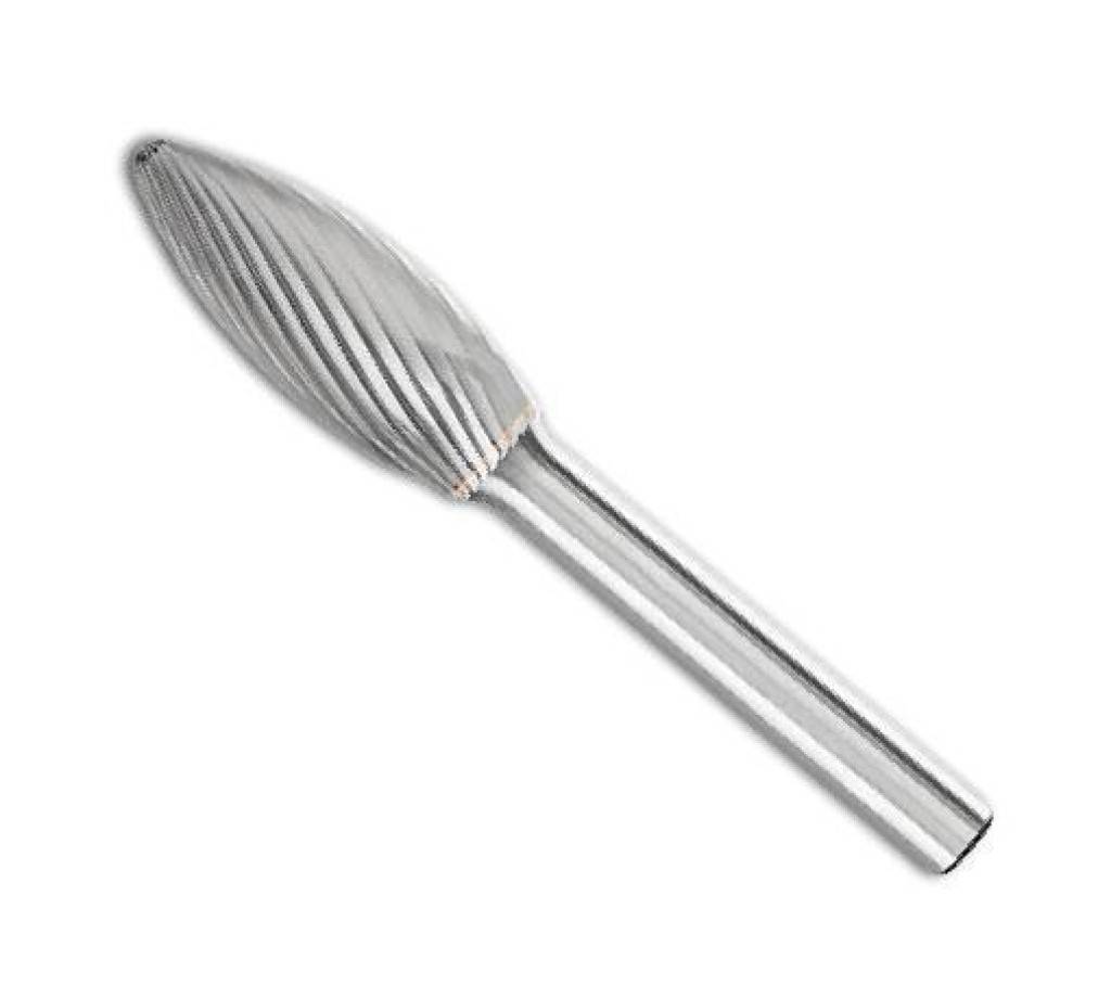Silbernes zylindrisches Fräserbit aus Metall mit spitz zulaufendem, gerilltem Schneidkopf zum Bohren oder Gravieren.
