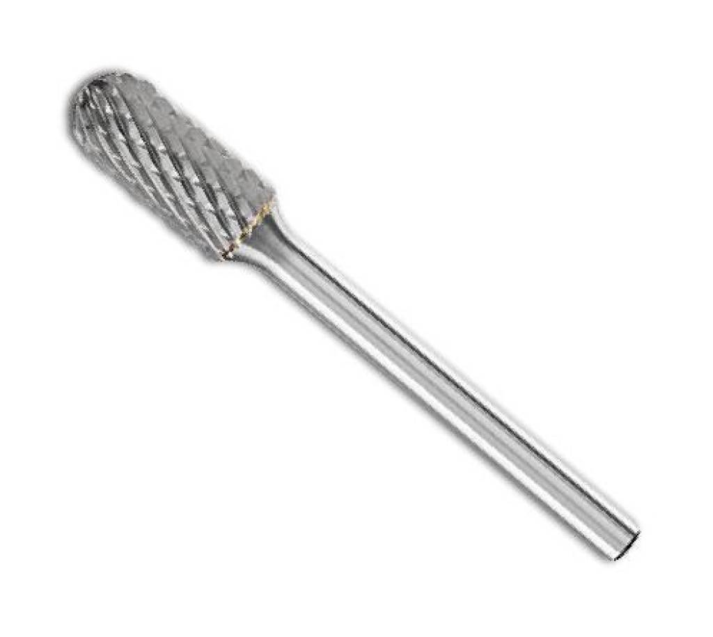 Hartmetall-Fräser mit abgerundetem, gefurchtem Kopf und langem zylindrischem Schaft auf weißem Hintergrund.