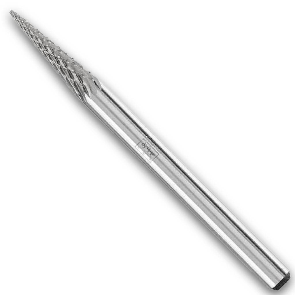 Ein silberner rotierender Hartmetallfrässter mit konischer, spitzer Schneidkopf und langem zylindrischen Schaft auf weißem Hintergrund.