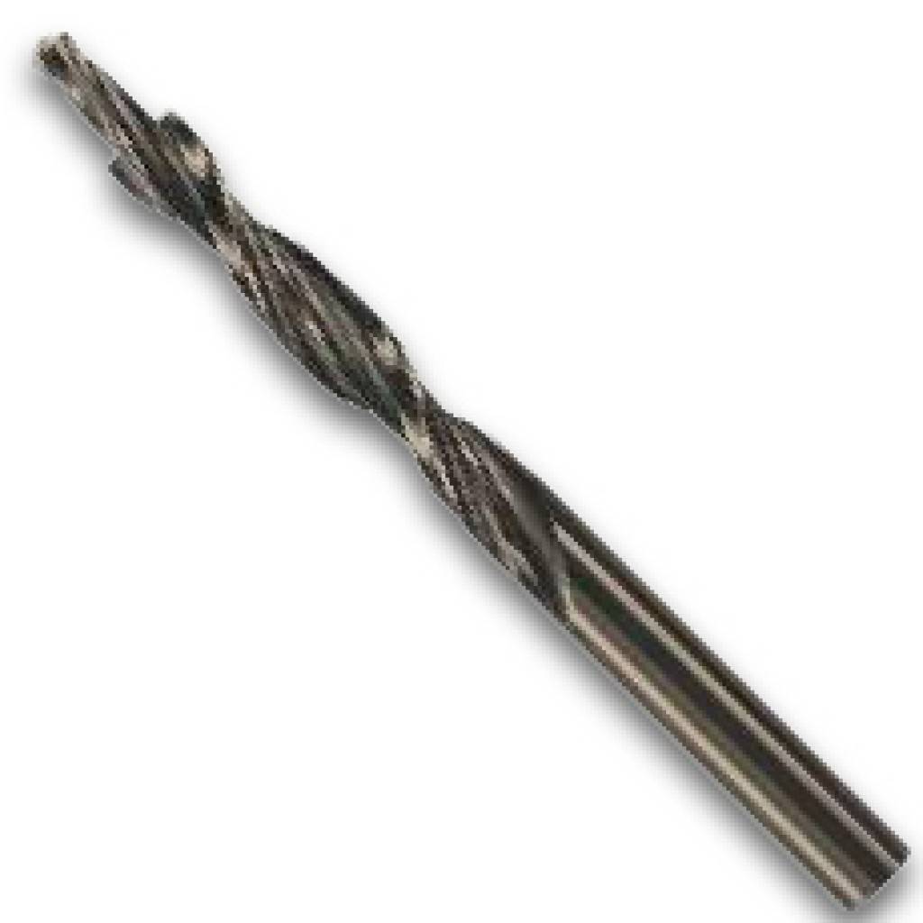 Eine Nahaufnahme eines verdrehten Metallbohrers auf einem einfachen weißen Hintergrund.
