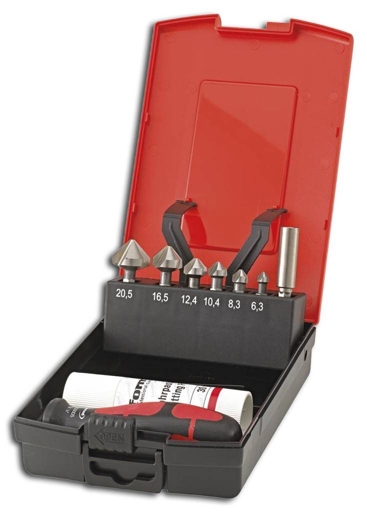 Kegelsenker-Bit-Satz 90 1/4" DIN 3126Ausführung HSS, DIN 335-C. Senkwinkel 90. Radial hinterschliffen, Oberfläche blank, mit geraden Spannuten und