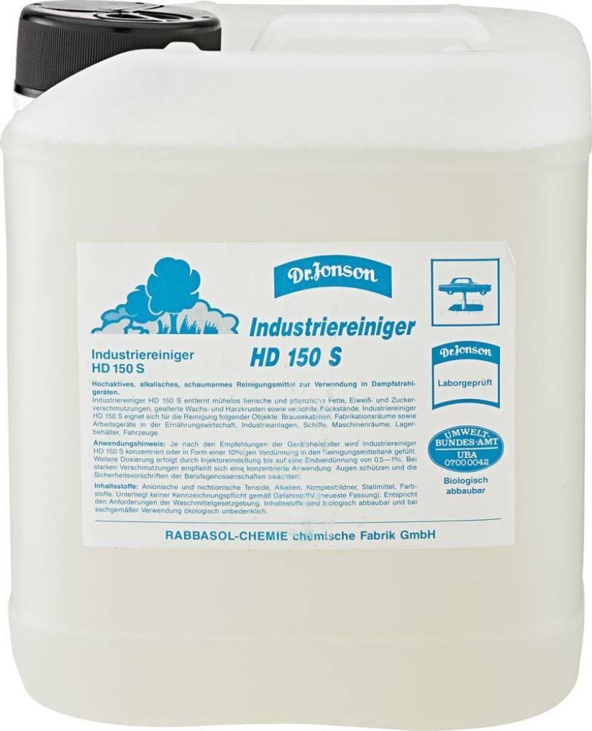 Weiße Kunststoffkanister aus Kunststoff von Dr. Jonson 'Industrienreiniger HD 150 S' Industriereiniger mit schwarzem Verschluss und Produktetikett.
