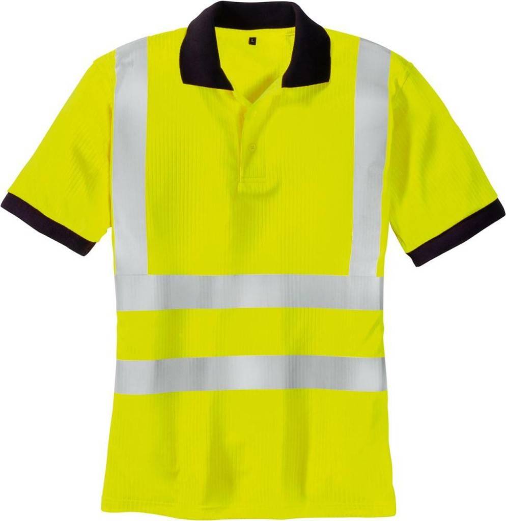 Fluoreszierende gelbe kurzärmelige Poloshirt mit reflektierenden silbernen Streifen und dunklem Besatz, von vorne gezeigt auf weißem Hintergrund.