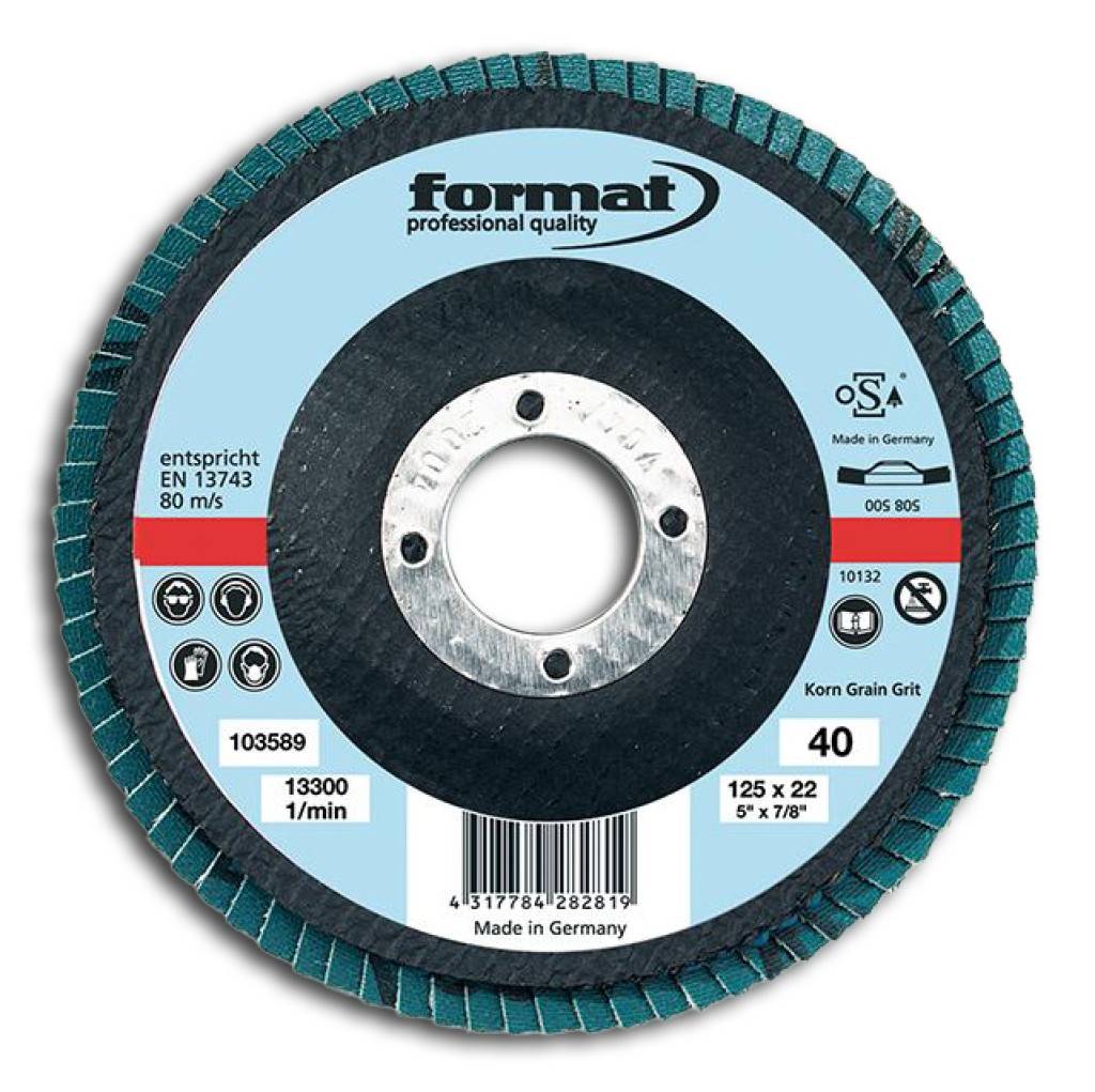 Fächerschleifscheibe für die EdelstahlbearbeitungProduktdetails Zirkonkorund Ø 115 mm 6 gewölbtAusführung Zirkonkorund-Lamellen ZA mi