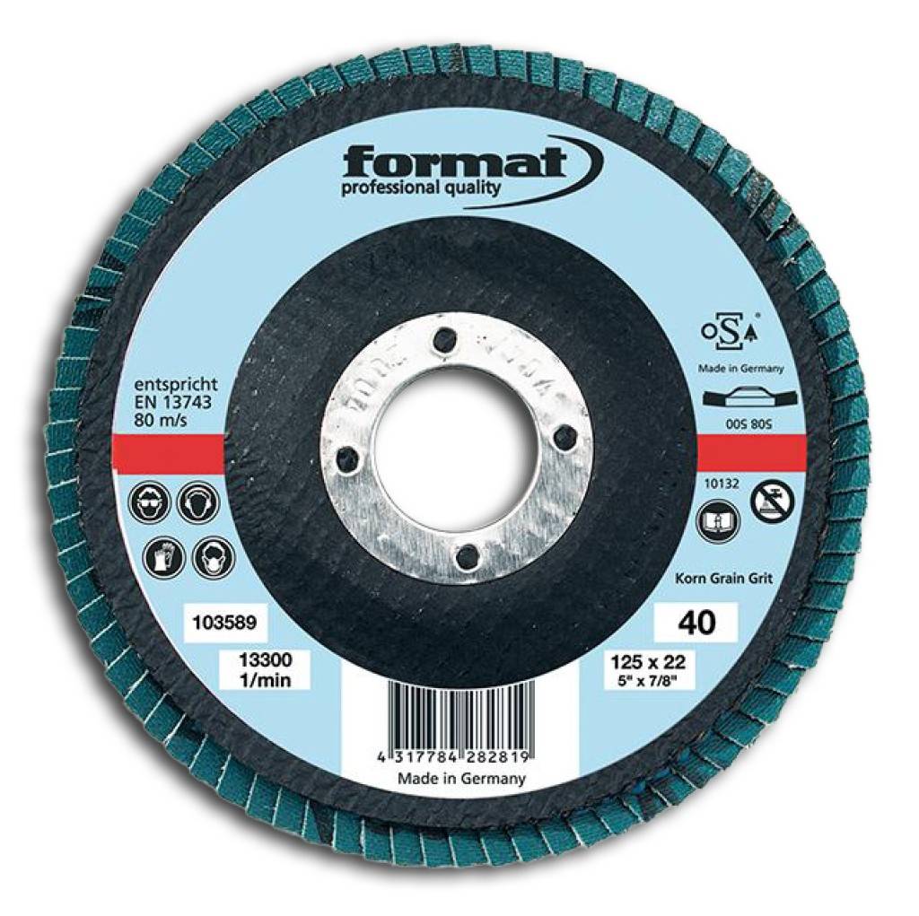 Fächerschleifscheibe für die EdelstahlbearbeitungProduktdetails Zirkonkorund Ø 125 mm 6 gewölbtAusführung Zirkonkorund-Lamellen ZA mi