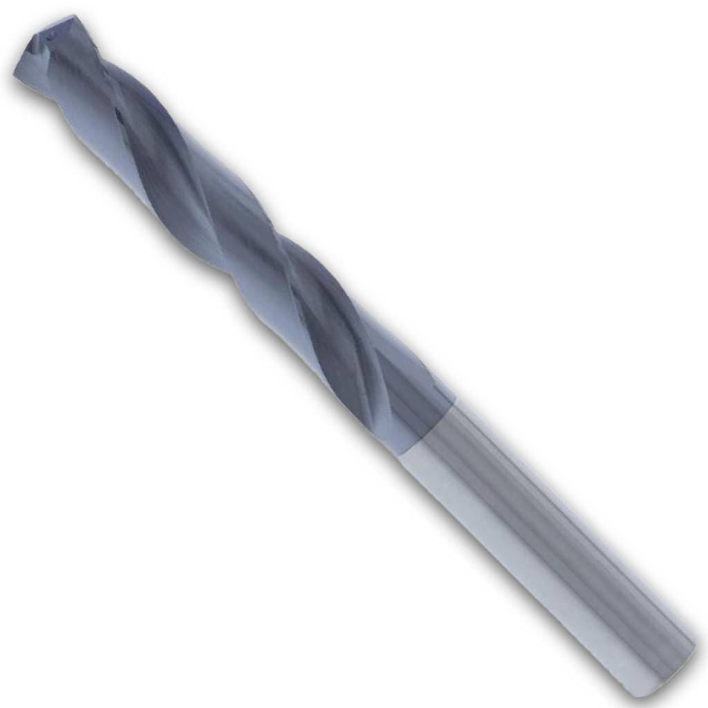 Nahaufnahme eines grauen Spiralbohrers auf weißem Hintergrund, diagonal dargestellt.