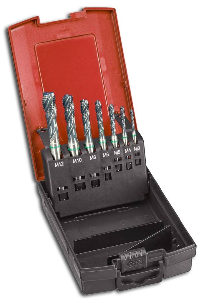 Grundloch-Maschinengewindebohrer-SatzAusführung Lieferung in robuster, qualitativ hochwertiger Kunststoffkassette mit automatischer Aufrichtfunktion