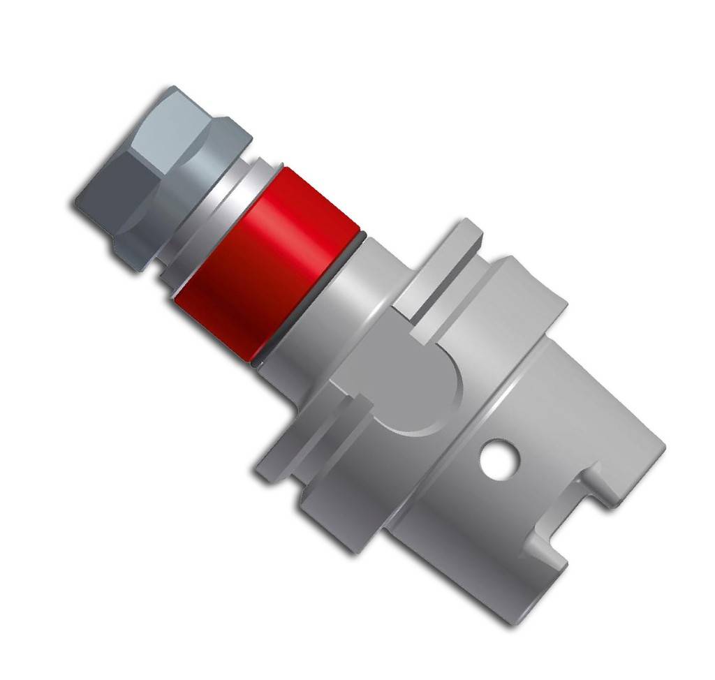 3D-Rendering eines metallenen Gewindesteckverbinders mit rotem Isolierband und Sechskantmutter, dargestellt auf weißem Hintergrund.