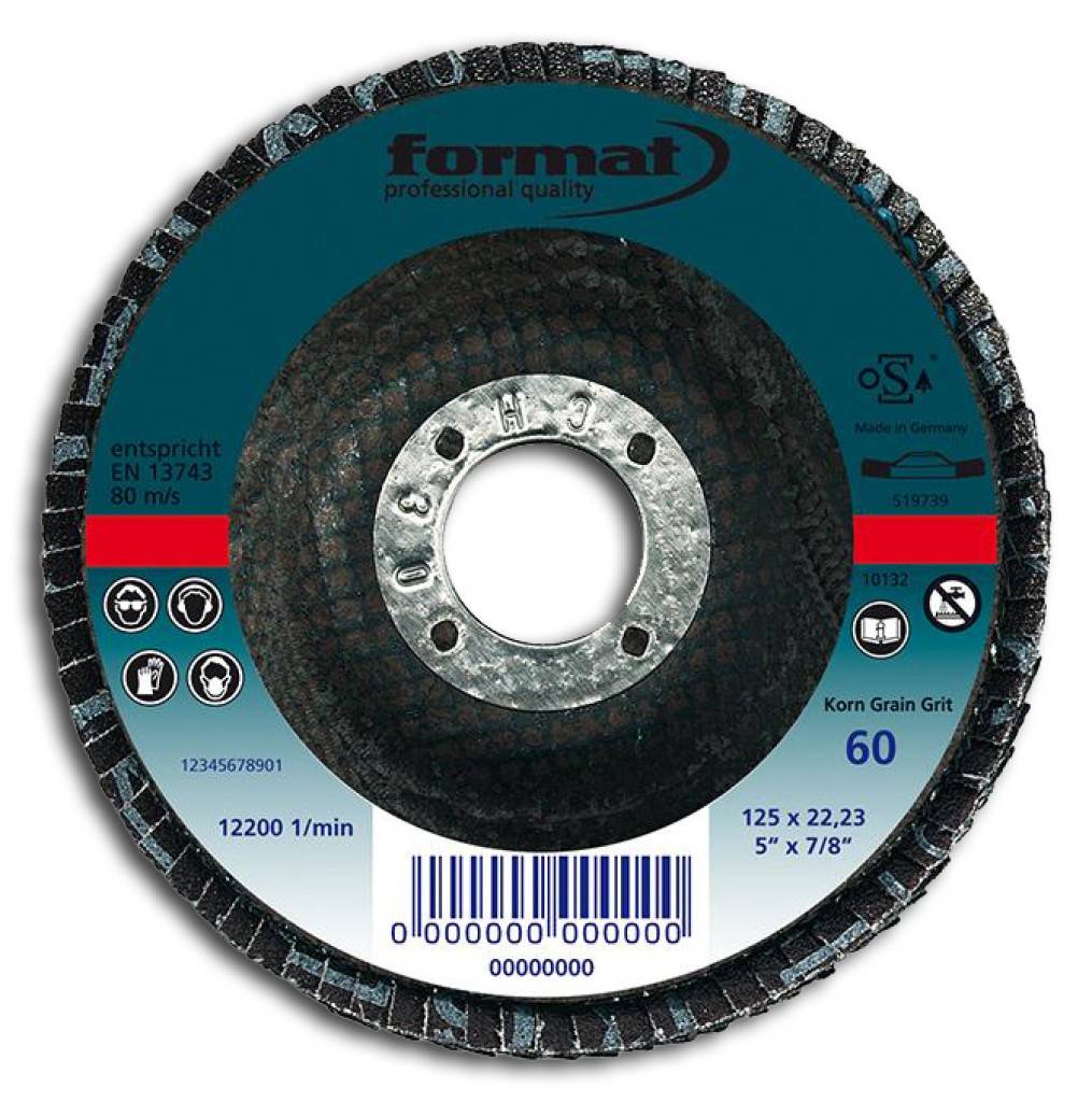 Eine Nahaufnahme einer Format-Schleiftrennscheibe in professioneller Qualität mit der Bezeichnung 60er Körnung, 125 x 22,23 mm, mit zentralem Befestigungsloch und Sicherheitssymbolen.