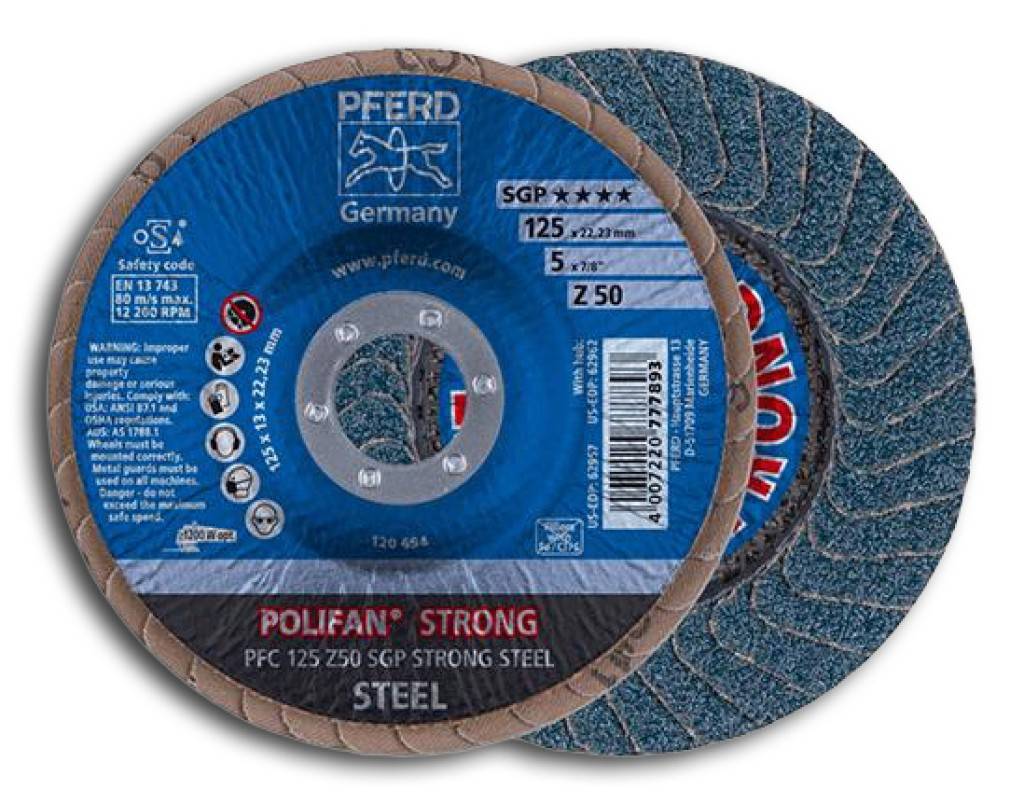 Nahaufnahme von zwei blauen PFERD-Schleifscheiben mit der Bezeichnung POLIFAN STRONG STEEL, zeigt Produktverpackung und Spezifikationen.