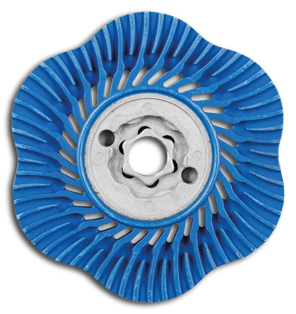 Blaue Schleifscheibe mit Körnung und silbernem Mittelnabenkranz, auf weißem Hintergrund dargestellt.