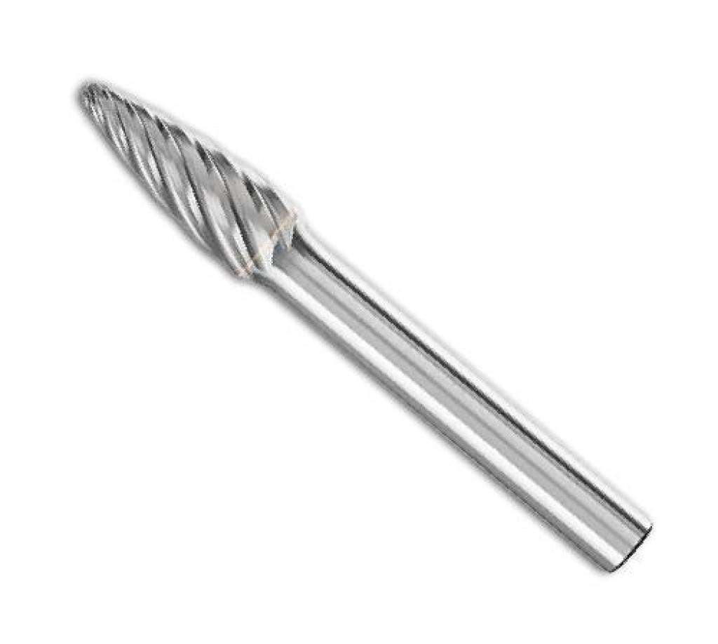 Ein Silbermetall-Rotationsfräser mit spitzem, geflutetem Schneidkopf und zylindrischem Schaft auf einfachem weißem Hintergrund.