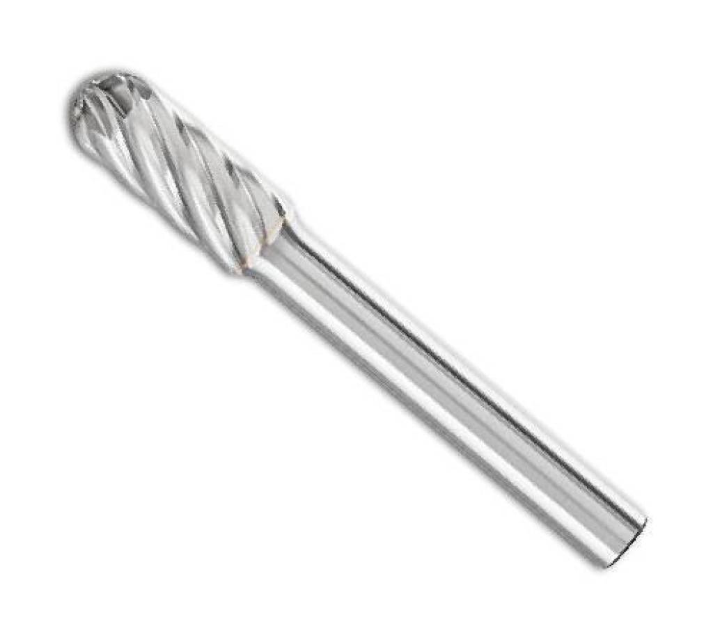 Ein silberner Metallrotationschneidaufsatz mit abgerundetem Nutenkopf und langem zylindrischem Schaft, dargestellt auf weißem Hintergrund.