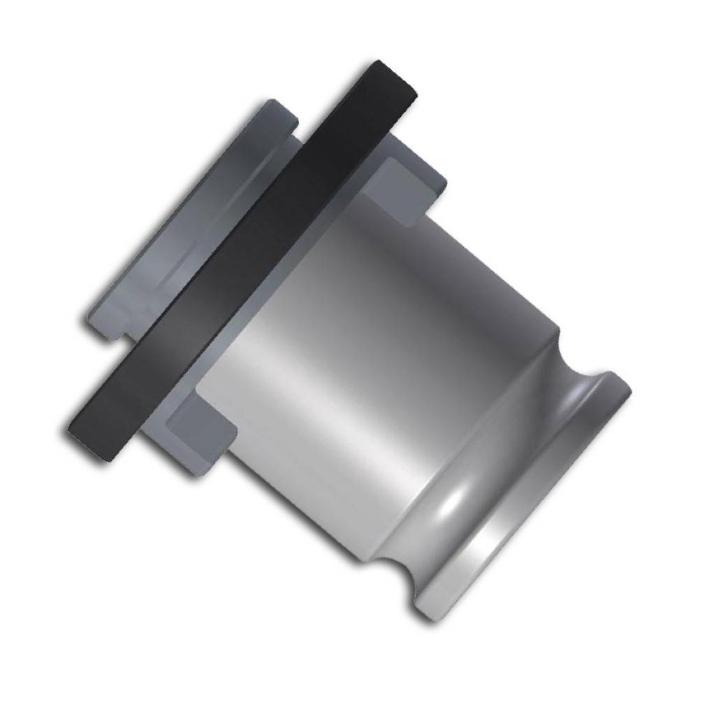 3D-Darstellung einer metallischen zylindrischen Rohrverschraubung oder Kupplung mit einem schwarzen Flansch, dargestellt auf weißem Hintergrund.