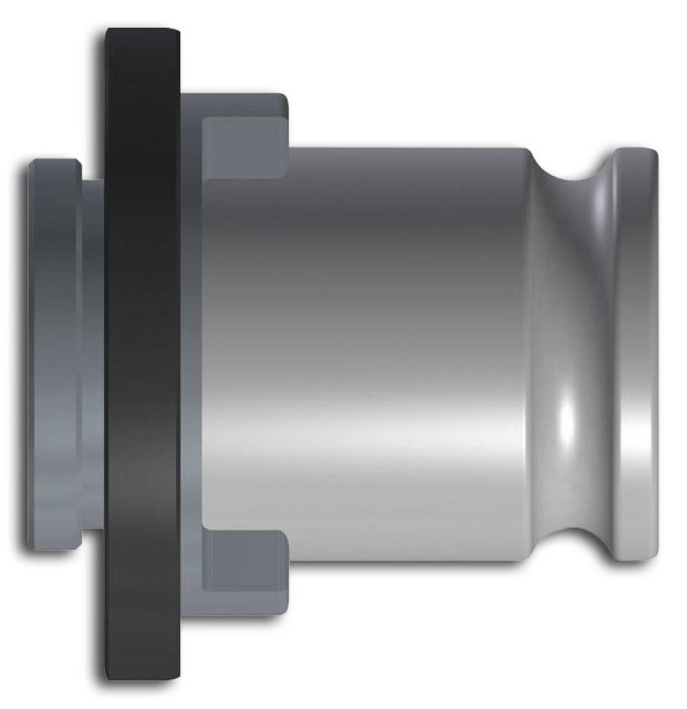 Metallisches zylindrisches Rohfitting oder Verbindungsstück, dargestellt in Seitenansicht mit schwarzem Flansch und silbernem Gehäuse.