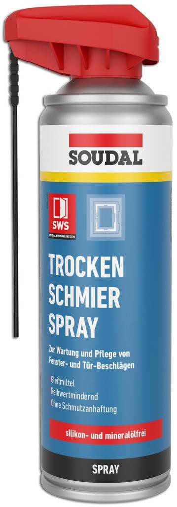Trockenschmierspray Zum Schmieren von Fensterbeschlägen, diesowohl aus rein metallischen Verbindungenals auch aus gleitenden Kunststoffteilen