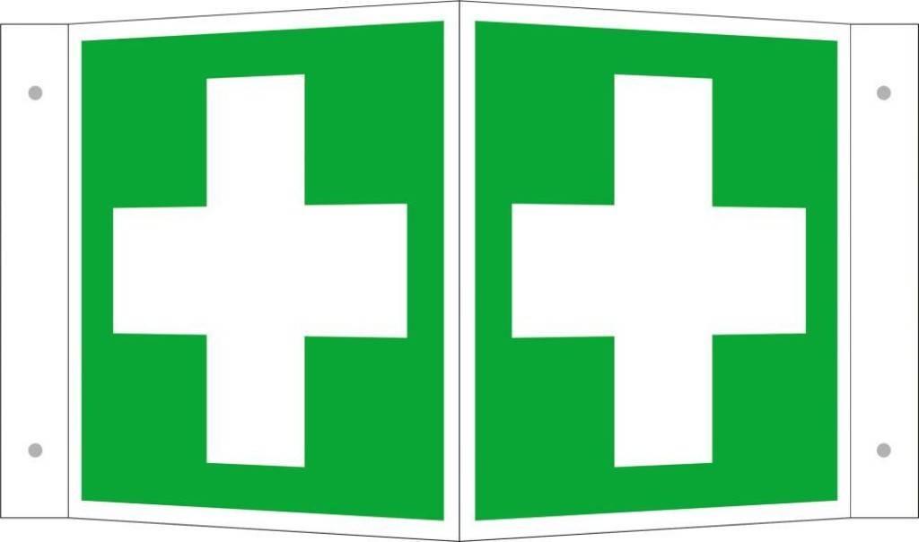 Rettungsschild, Erste Hilfe, WinkelschildASR A1.3 E003DIN EN ISO 7010 E003Langnachleuchtend, DIN 67510-1 Klasse C