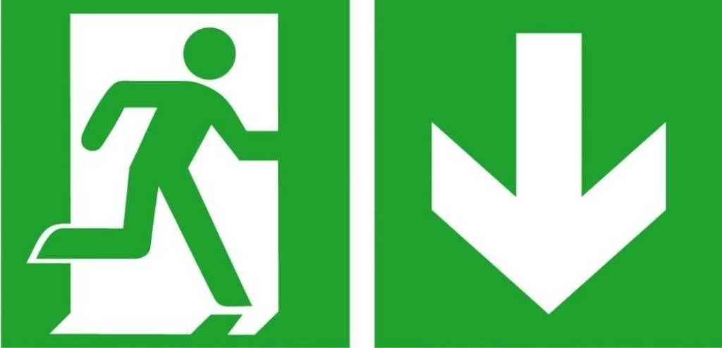 Rettungsschild, Notausgang rechts abwärtsASR A1.3 E002 ZusatzzeichenDIN EN ISO 7010 E002 ZusatzzeichenLangnachleuchtend, DIN 67510-1 Klasse C