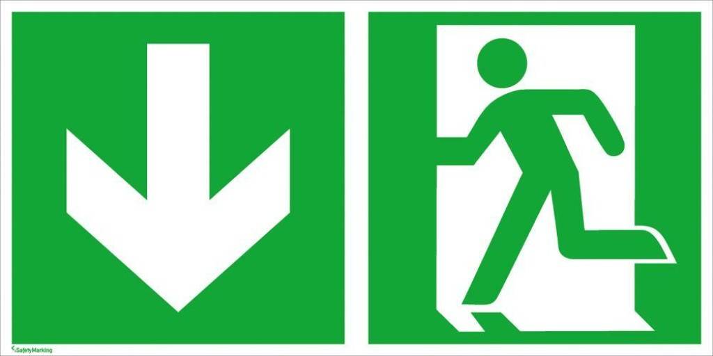 Rettungsschild, Notausgang links abwärtsASR A1.3 E001 ZusatzzeichenDIN EN ISO 7010 E001 ZusatzzeichenLangnachleuchtend, DIN 67510-1 Klasse C